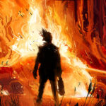 An oil texture illustration with a silhouette of a man with a gasoline can in his hand, he stands and looks at his car burning brightly in front of him in the middle of the night forest. 2d art